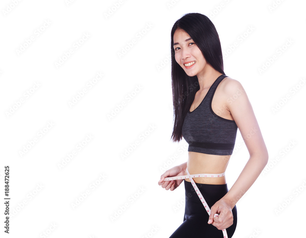 woman measuring waist with tape isolated on white background woman measuring waist with tape isolated on white background