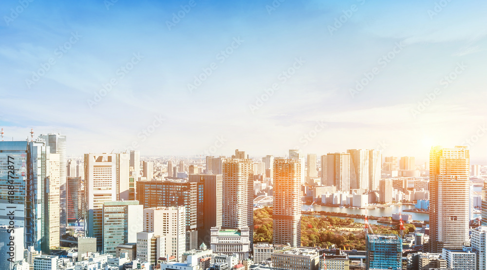 Naklejka premium Asia Business concept for real estate and corporate construction - panoramic modern city skyline bird eye aerial view near tokyo tower under bright sun and vivid blue sky in Tokyo, Japan