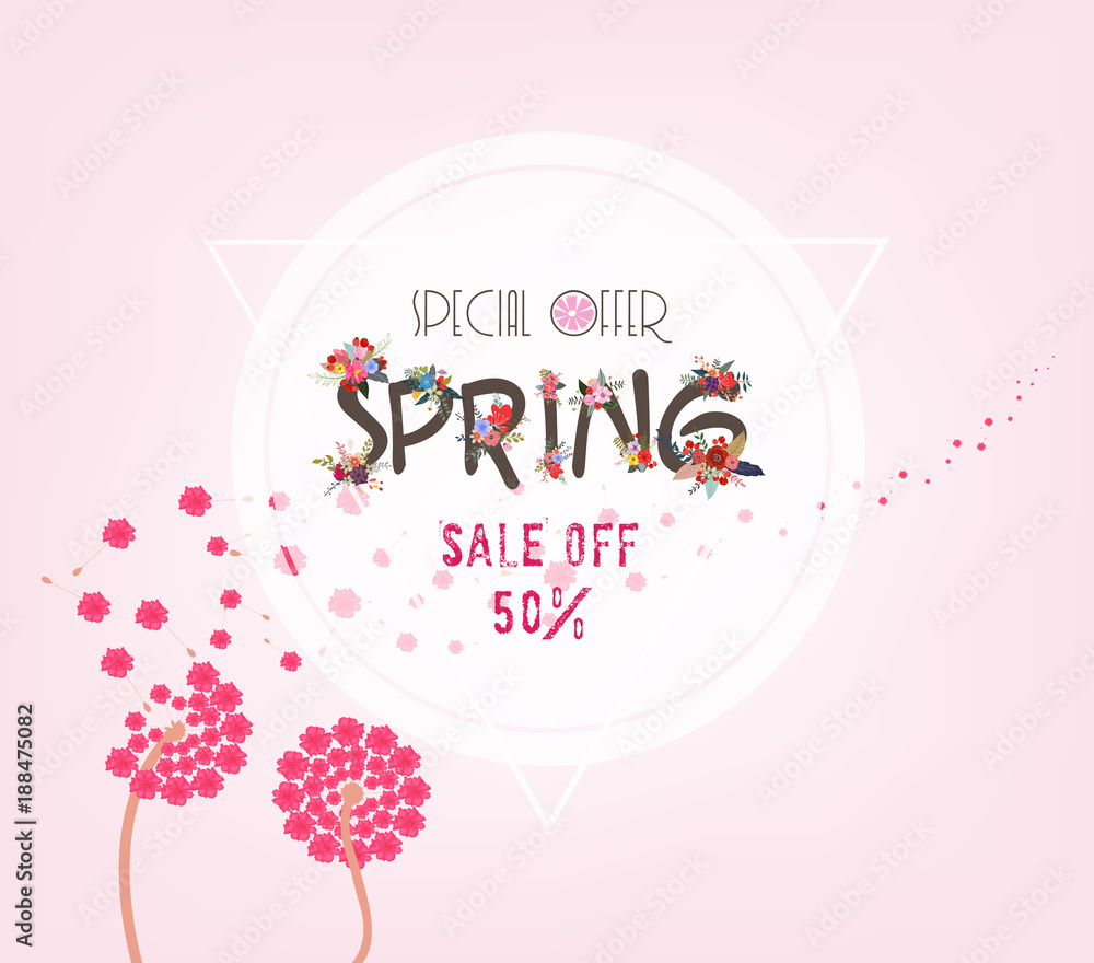 spring sale background with white dandelion