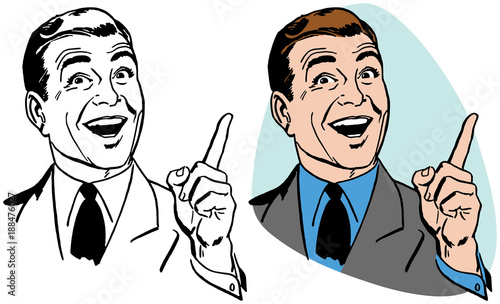 A pointing man with an excited expression on his face.