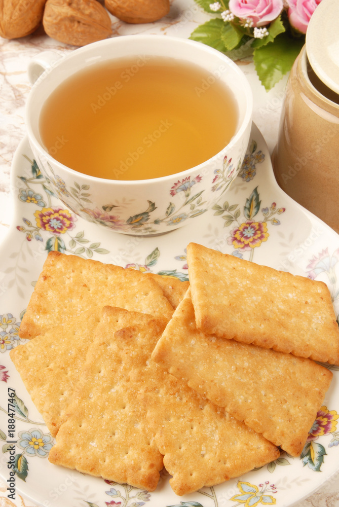 Honey-oats coconut biscuit on wooden table Honey-oats coconut biscuit on wooden table