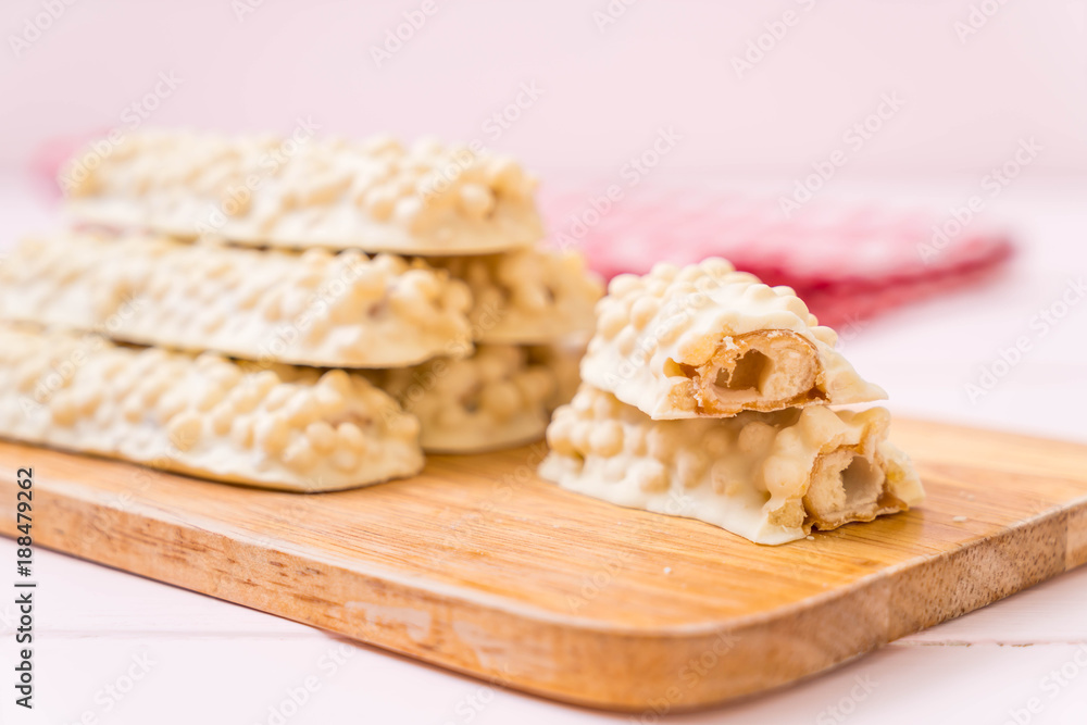 white chocolate with caramel and cereal crispy bar white chocolate with caramel and cereal crispy bar