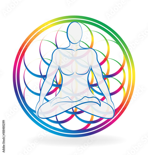 Colorful chakra meditating man, vector