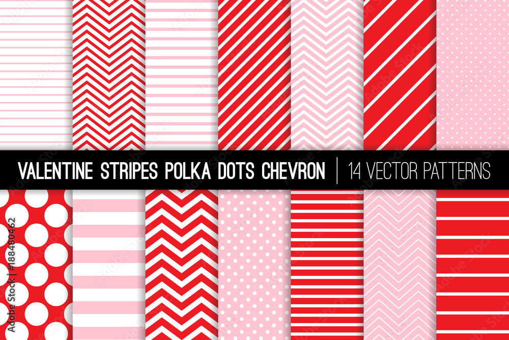 Valentine's Day Red and Pink Polka Dots, Chevron and Diagonal and Horizontal Stripes Vector Patterns. Modern Minimal Backgrounds. Various Size Spots and Lines. Pattern Tile Swatches Included. Valentine's Day Red and Pink Polka Dots, Chevron and Diagonal and Horizontal Stripes Vector Patterns. Modern Minimal Backgrounds. Various Size Spots and Lines. Pattern Tile Swatches Included.