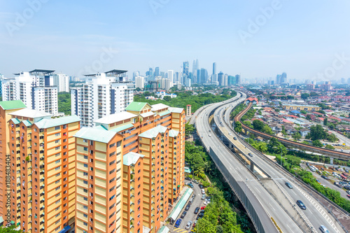 aerial view of modern residential buildings and elevated road