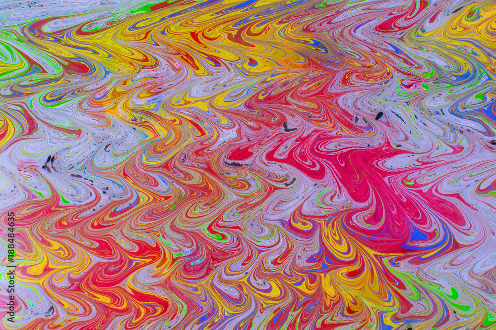 Fototapeta premium Colorful psychedelic background made of interweaving curved shapes. Marbling Acrylic Paint