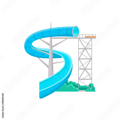 Blue aquapark water slide icon. Outdoor family beach vacation, children water attractions vector illustration. Wonderful summertime, funny relax and activity.