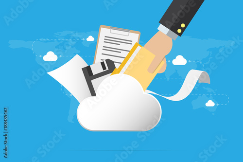 business hand insert document into the cloud with floppy disk and papers, backup data and business concept