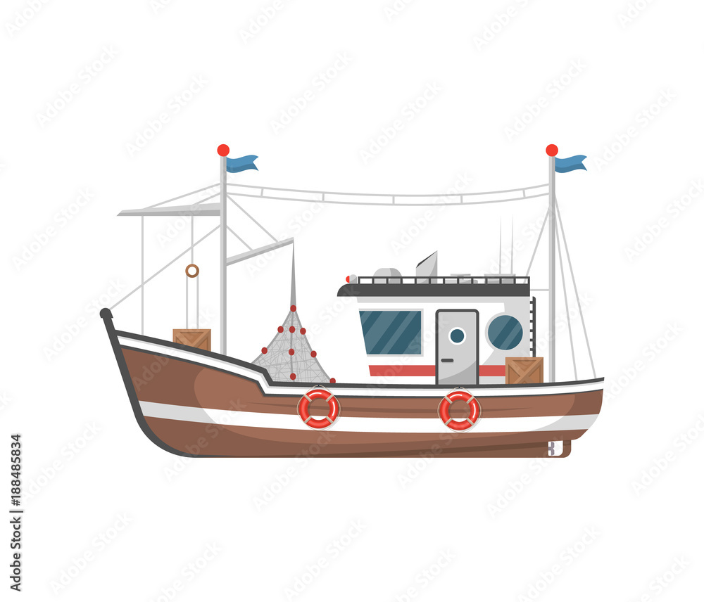 Obraz premium Commercial fishing trawler side view isolated icon. Sea or ocean transportation, marine ship for industrial seafood production vector illustration in flat style.