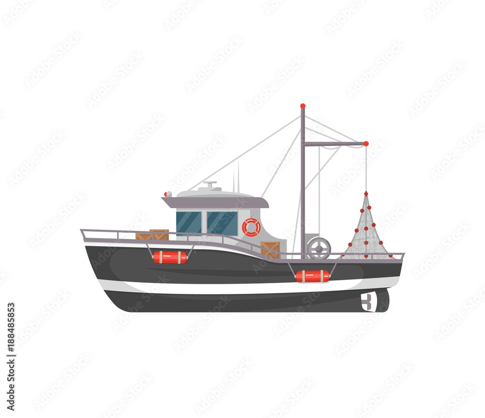 Small fishing boat side view isolated icon. Sea or ocean transportation, marine ship for industrial seafood production vector illustration in flat style.
