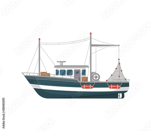 Commercial fishing vessel side view isolated icon. Sea or ocean transportation, marine ship for industrial seafood production vector illustration in flat style.