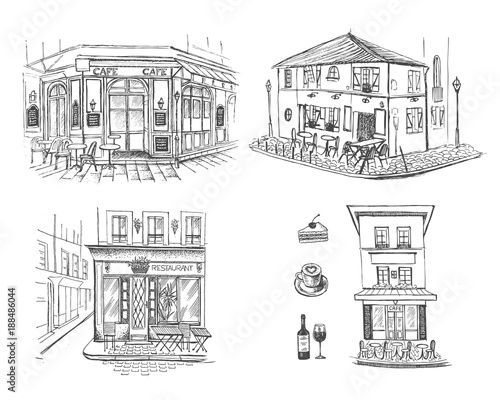 Street cafe in old town vector illustration