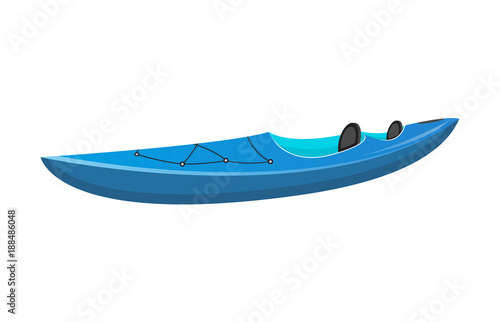 Side view blue sport kayak isolated icon. Rafting, kayaking, paddling and canoeing outdoor activity. Extreme water recreation, relaxation on river or lake, adventure by boat vector illustration.