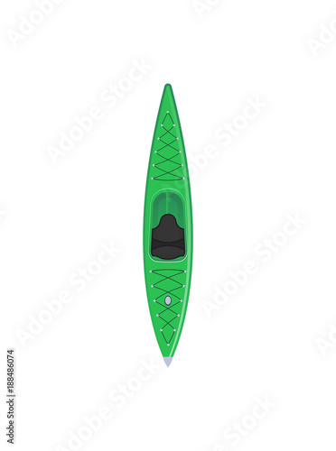 Plastic green kayak isolated icon. Rafting, kayaking, paddling and canoeing outdoor activity. Extreme water sport, relaxation on river or lake, adventure by boat vector illustration.
