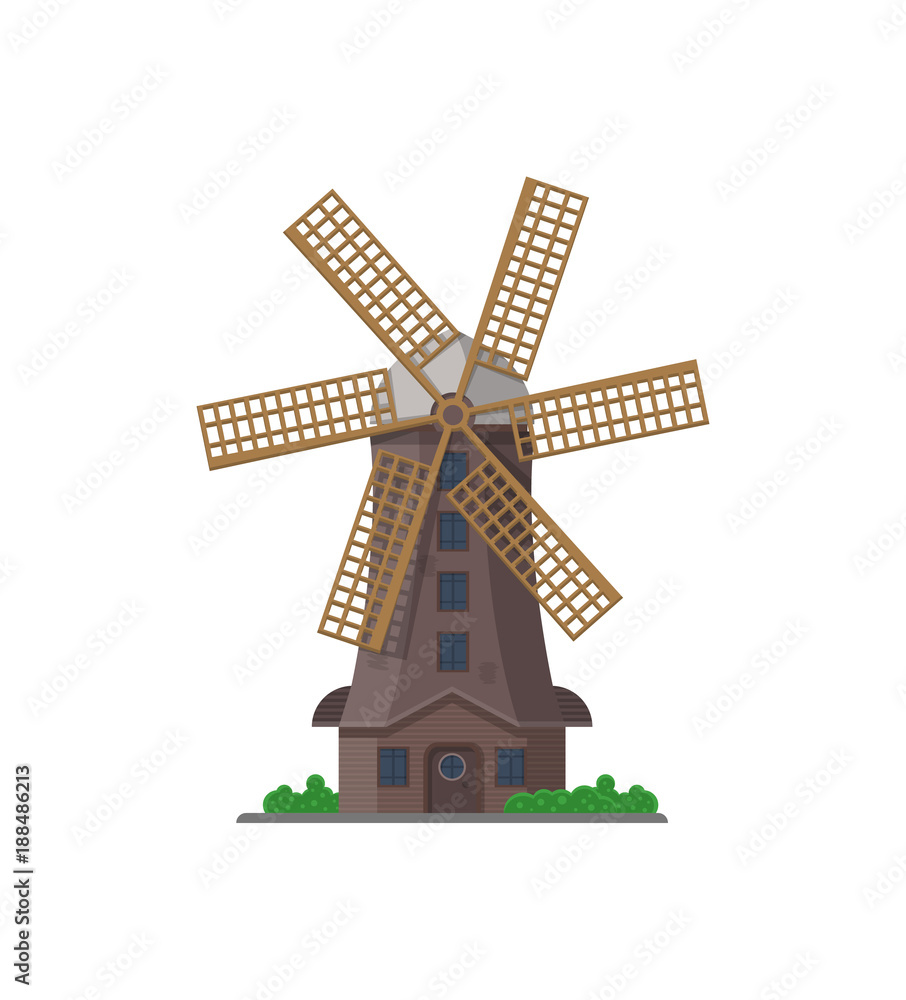 Old windmill building isolated icon. Rural bakery shop, organic agricultural production, ecological food manufacturing vector illustration.