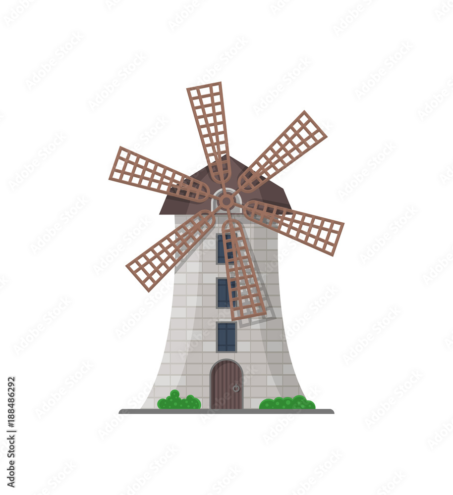 European stone windmill building isolated icon. Rural bakery shop, organic agricultural production, ecological food manufacturing vector illustration.