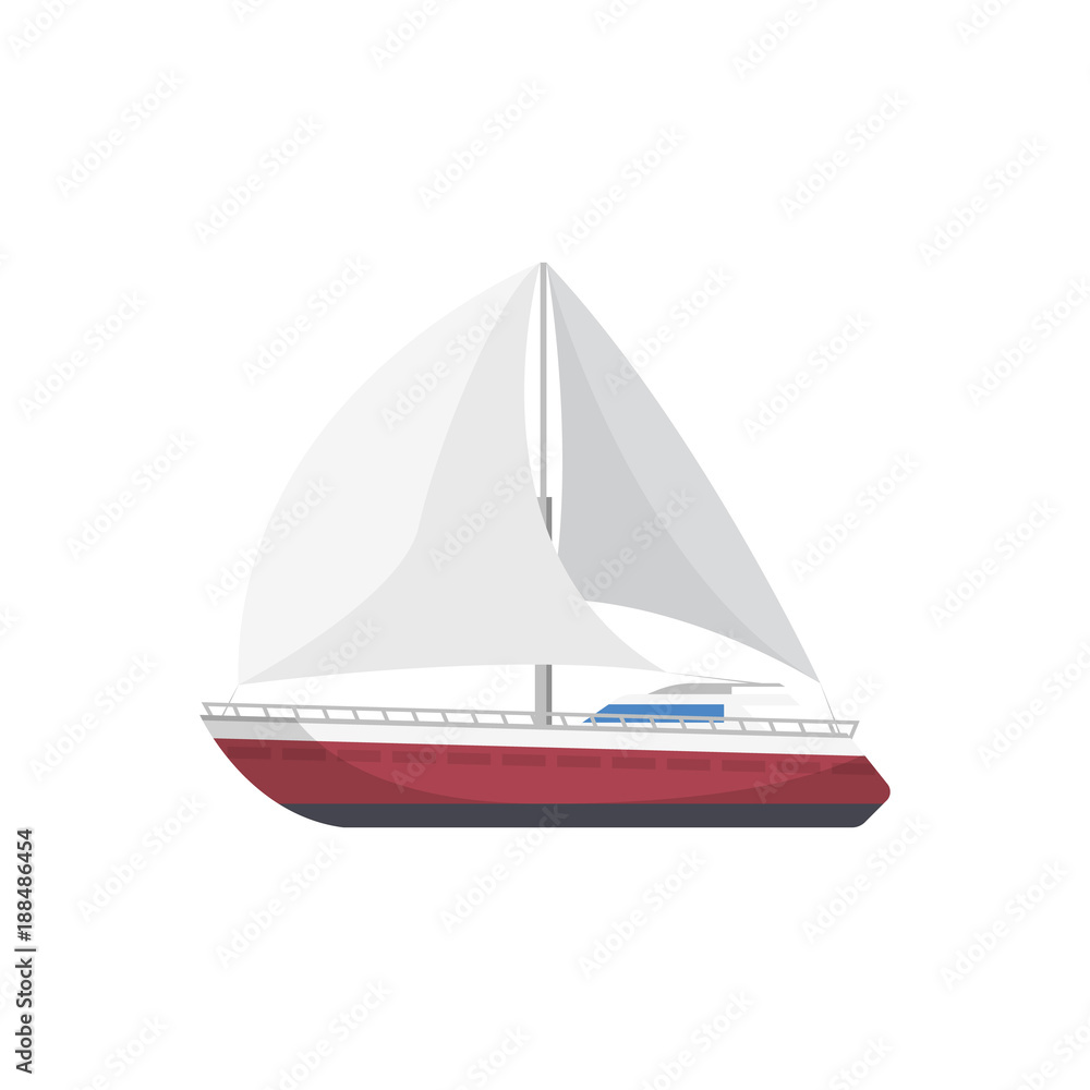 Sport yacht side view isolated icon. Marine passenger cruise ship, worldwide yachting, nautical sport competition, sea or ocean vessel vector illustration.