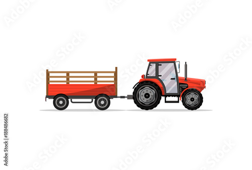 Heavy wheeled tractor with trailer isolated icon. Agricultural machinery for field work vector illustration. Rural industrial farm technics, comercial transport.