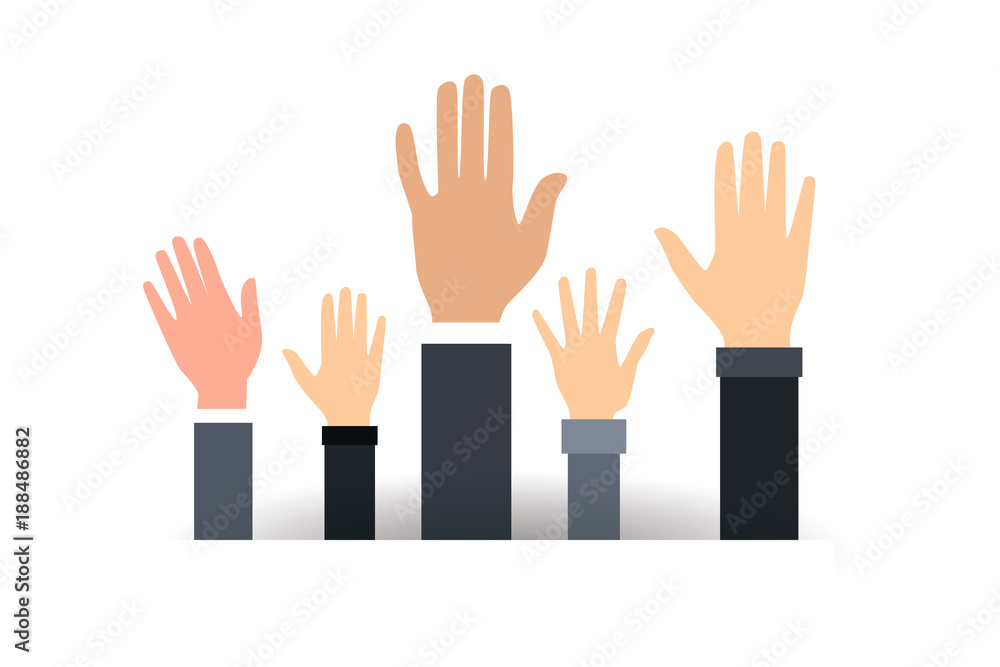 Raised hands volunteering vector concept. Voting rising hands vector concept in flat style Raised hands volunteering vector concept. Voting rising hands vector concept in flat style