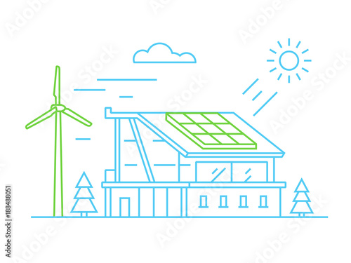 Eco friendly house with solar panel and wind turbine. Alternative green energy