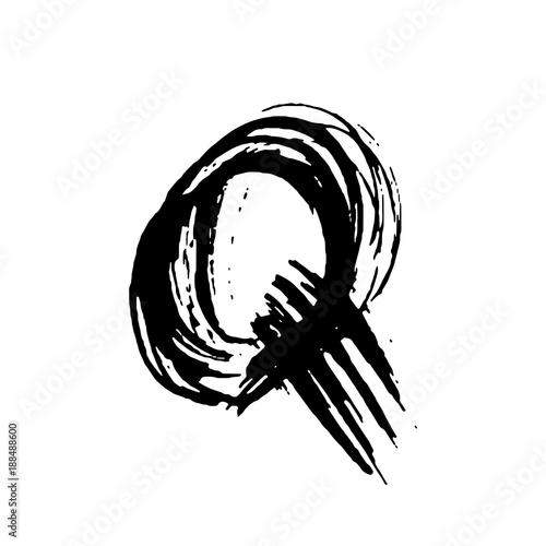 Letter Q. Handwritten by dry brush. Rough strokes font. Vector illustration. Grunge style elegant alphabet.