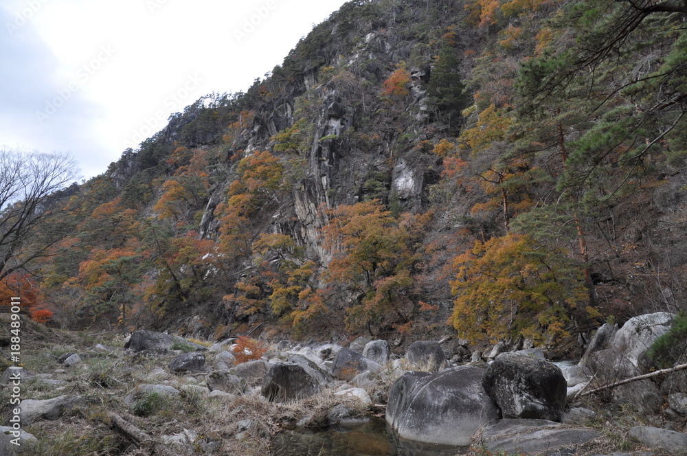 秋　昇仙峡　川　谷　滝　落ち葉　秘境　御岳昇仙峡　甲府　紅葉　絶景