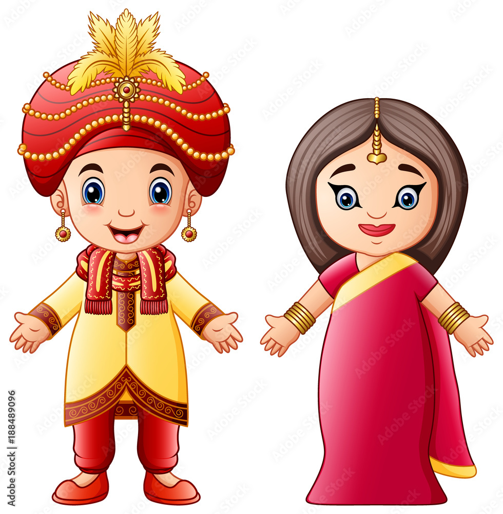 Cartoon indian couple wearing traditional costumes Stock Vector | Adobe  Stock