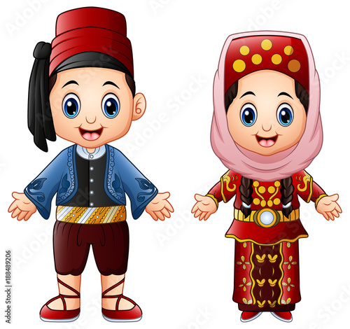 Cartoon Turkish couple wearing traditional costumes