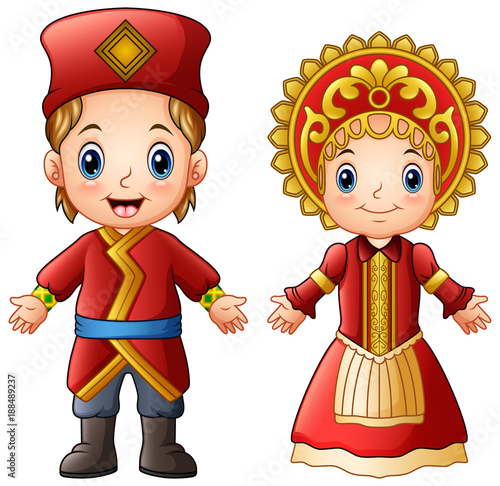 Cartoon russian couple wearing traditional costumes