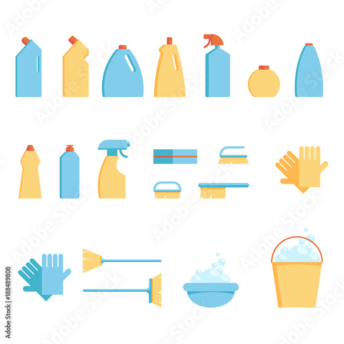 Vector set of tools for spring cleaning: detergents in bottles, sponges and brushes