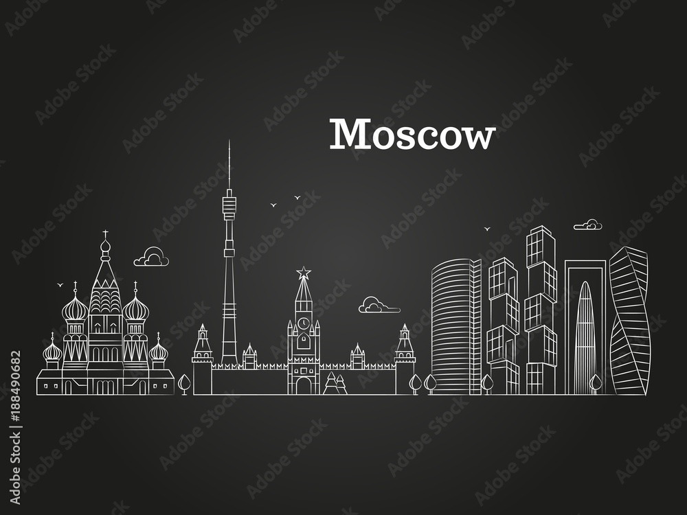 White Moscow linear Russia landmark, vector panorama with soviet buildings on black background