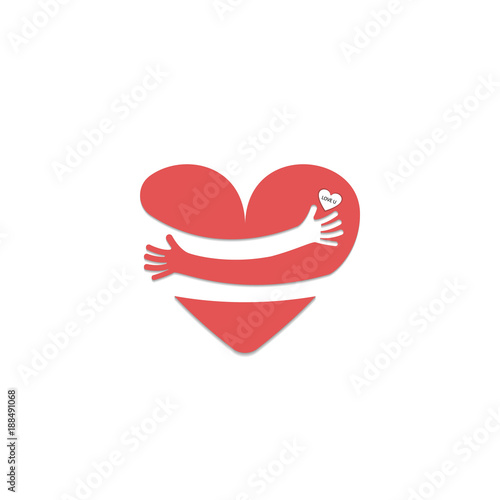Red heart shape with hand embrace.Hug yourself logo.Love yourself logo.Love and Heart Care icon.Happy valentines day concept.Healthcare & medical concept.Vector illustration