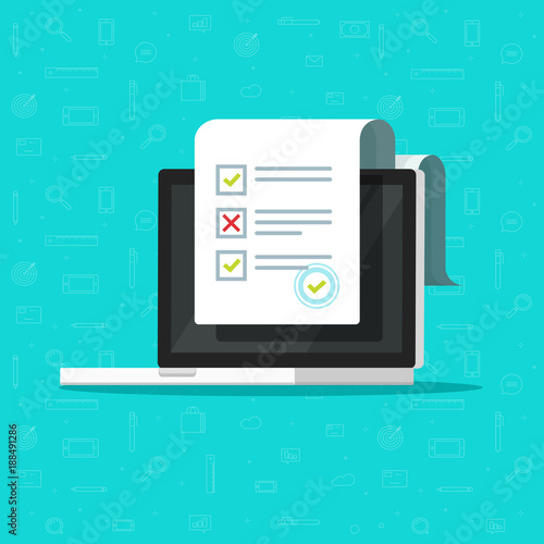 Online form survey on laptop vector illustration, flat cartoon computer showing long quiz exam paper sheet document icon, on-line questionnaire results, check list or internet test