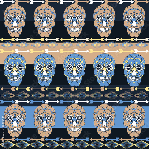 Multicolor seamless pattern. Boho style decorated tribal texture . Skulls and arrows on strips. Vector illustration. EPS10