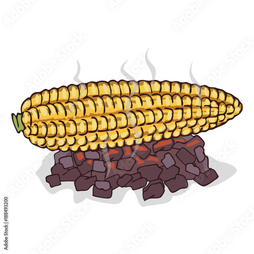 Isolate grilled corn ears fruit on white background. Close up clipart with shadow in flat realistic cartoon style. Hand drawn icon