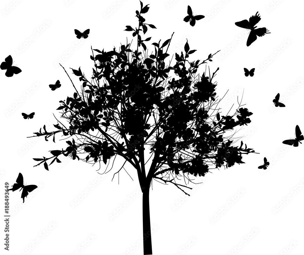 Naklejka premium blossoming black tree and butterflies isolated on white