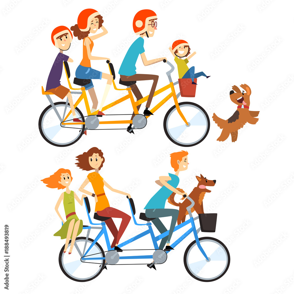 Two happy families riding on tandem bicycles with three seats and basket. Parenting concept. Recreation with kids. Cartoon people characters. Flat vector design Two happy families riding on tandem bicycles with three seats and basket. Parenting concept. Recreation with kids. Cartoon people characters. Flat vector design