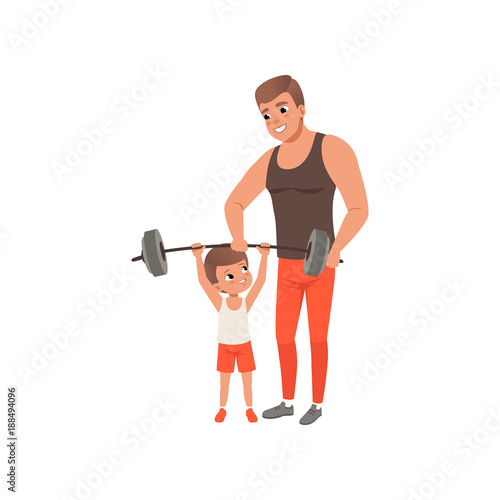 Young sporty father helping his little son exercising with barbell. Family at gym. Fatherhood. Physical activity and healthy lifestyle. Cartoon flat vector design