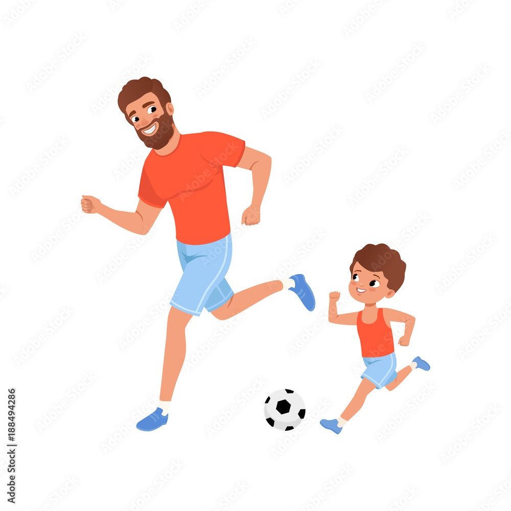 Little boy and his father playing football on playground. Outdoor activity. Fatherhood concept. Sporty family. Son and dad in sportswear. Cartoon flat vector design