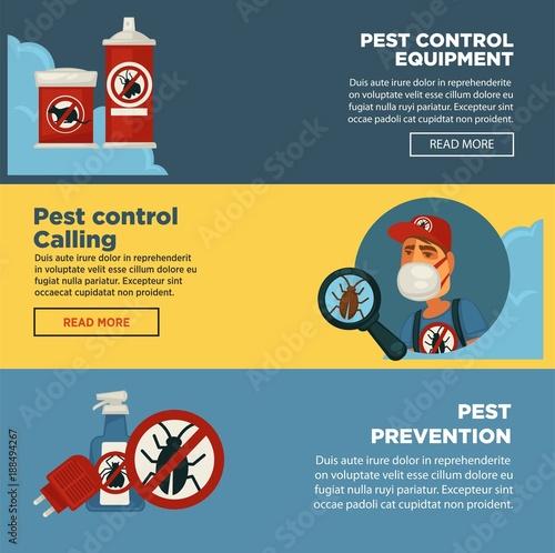 Extermination pest control service banners template design of sanitary domestic exterminate disinfection equipment.