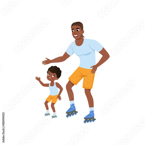 Young afro-american father with son rollerskating. Happy sporty family. Dad and his child having fun together. Outdoor activity. Fatherhood. Flat vector design