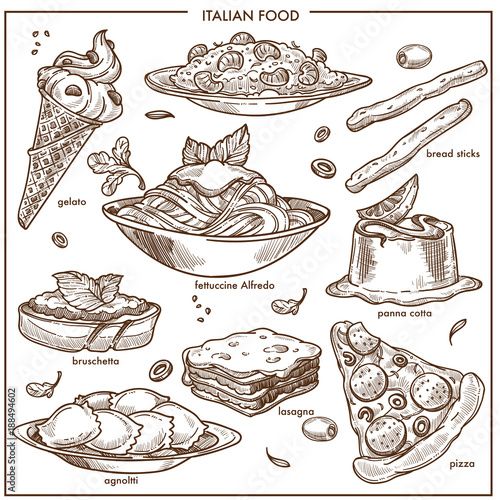 Italian cusine sketch dishes pizza, pasta, meat and dessert vector icons set
