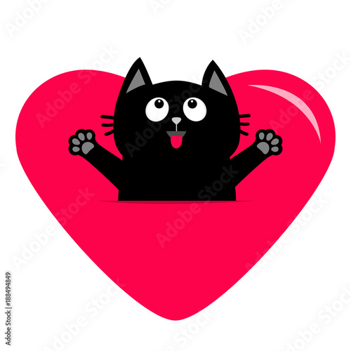 Black cat and big heart icon. Cute funny cartoon character. Happy Valentines day. Kitty ready for a hug. Tongue, paw print. Whisker Baby pet collection. White background. Flat design.