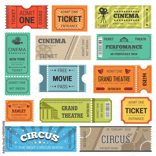 Tickets vector design templates for movie, theater or cinema and circus or concert show
