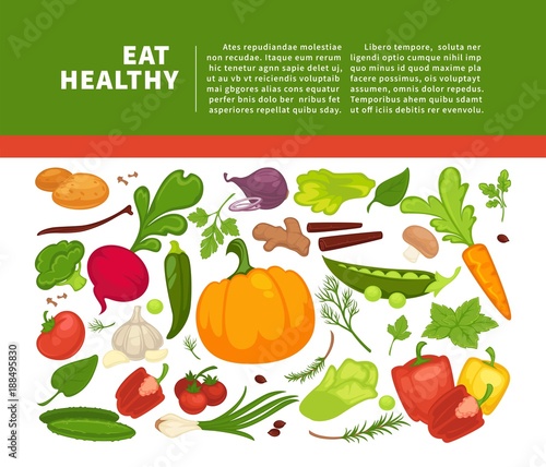 Organic vegetables food poster background template for dietary vegetarian eating or vegan diet.