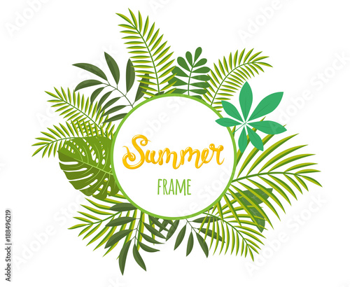 Round tropical frame, template with place for text. Vector illustration, isolated on white background.