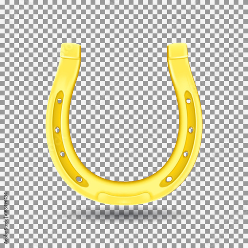 Golden Horseshoe Isolated on Transparent Backdrop. Realistic Good Luck Symbol. Vector Illustration with Icon of St. Patric's Day.