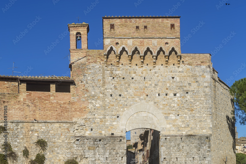 Porta San Giovanni, entrance gate to the historical center of San Gimignano, Siena, Tuscany, Italy