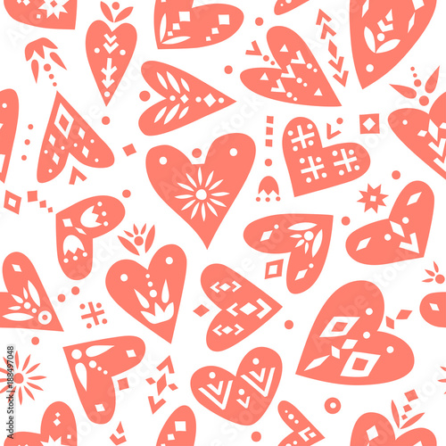 Vector seamless pattern of hearts with ornaments in Scandinavian style.