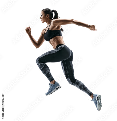 Woman runner in silhouette on white background. Dynamic movement. Side view. Sport and healthy lifestyle